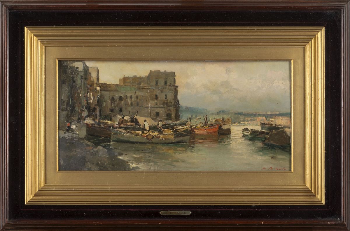 Ezelino Briante - Napoli, barche di pescatori a Palazzo Donn'Anna, olio su tela riportata su cart...