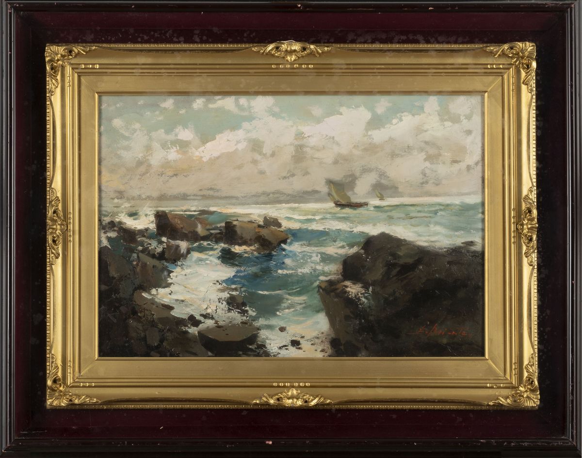 Ezelino Briante - Mare grosso, olio su cartone