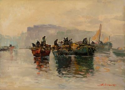 Il ritorno dei pescatori, olio su cartone
