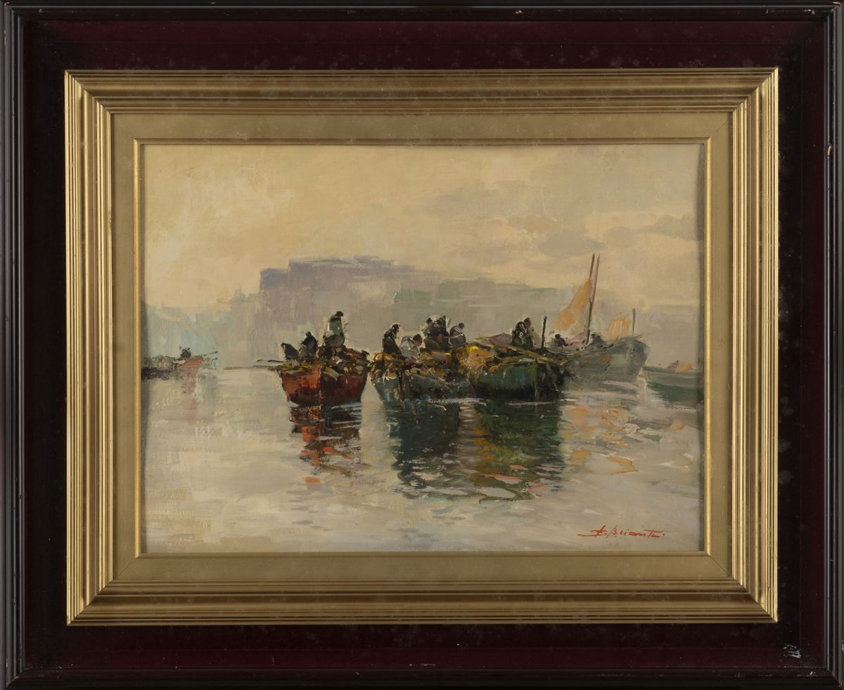 Ezelino Briante - Il ritorno dei pescatori, olio su cartone