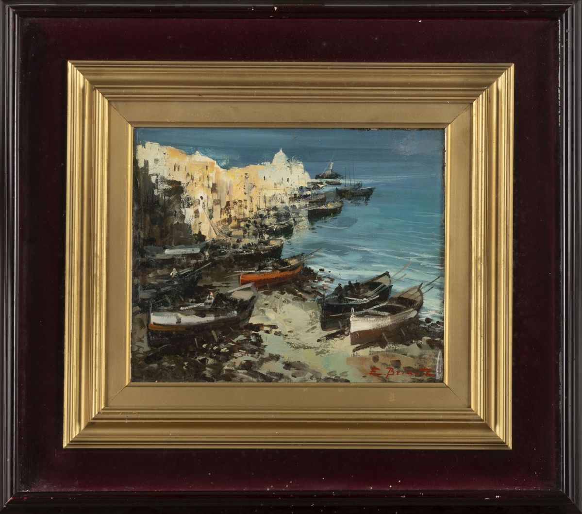 Ezelino Briante - Porticciolo, olio su cartone