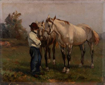 Contadino e cavalli bianchi, olio su legno