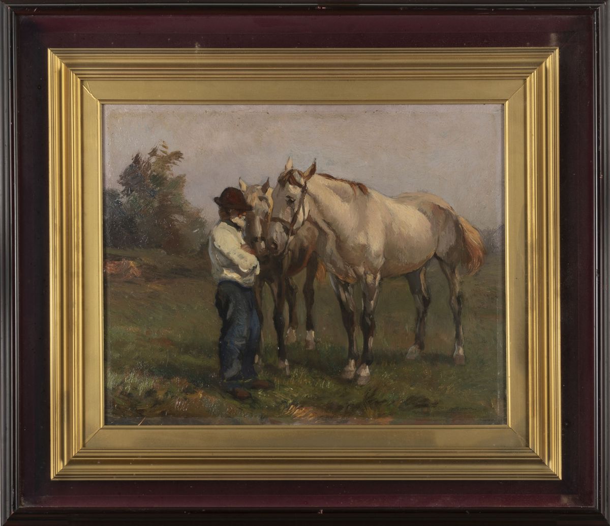 Tito Corbella - Contadino e cavalli bianchi, olio su legno