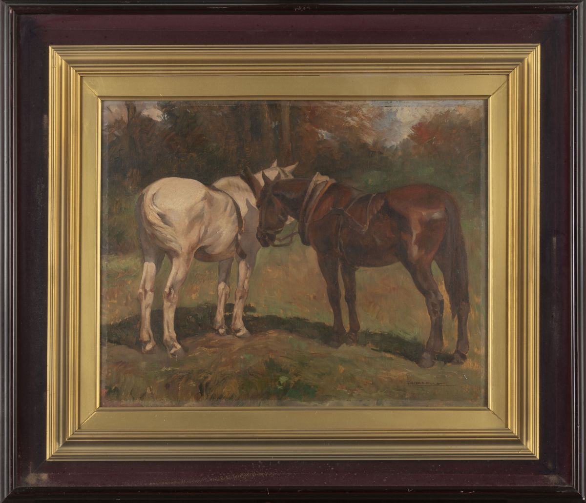 Tito Corbella - Cavallo bianco e cavallo baio, olio su legno