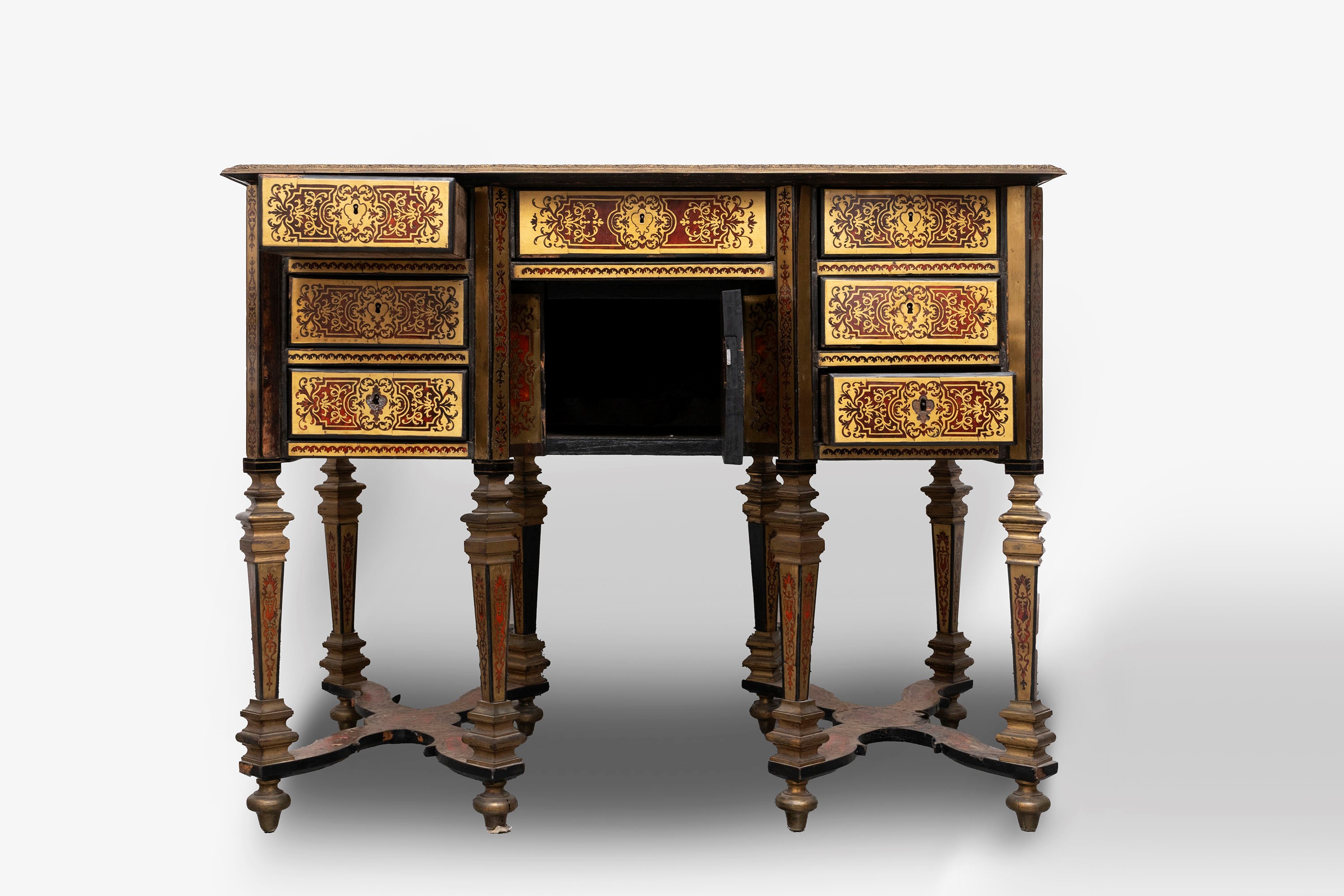 ☼ Importante Scrivania Mazzarino Boulle da Muro, Finemente Intarsiata in Ottone e Tartaruga, Fine...