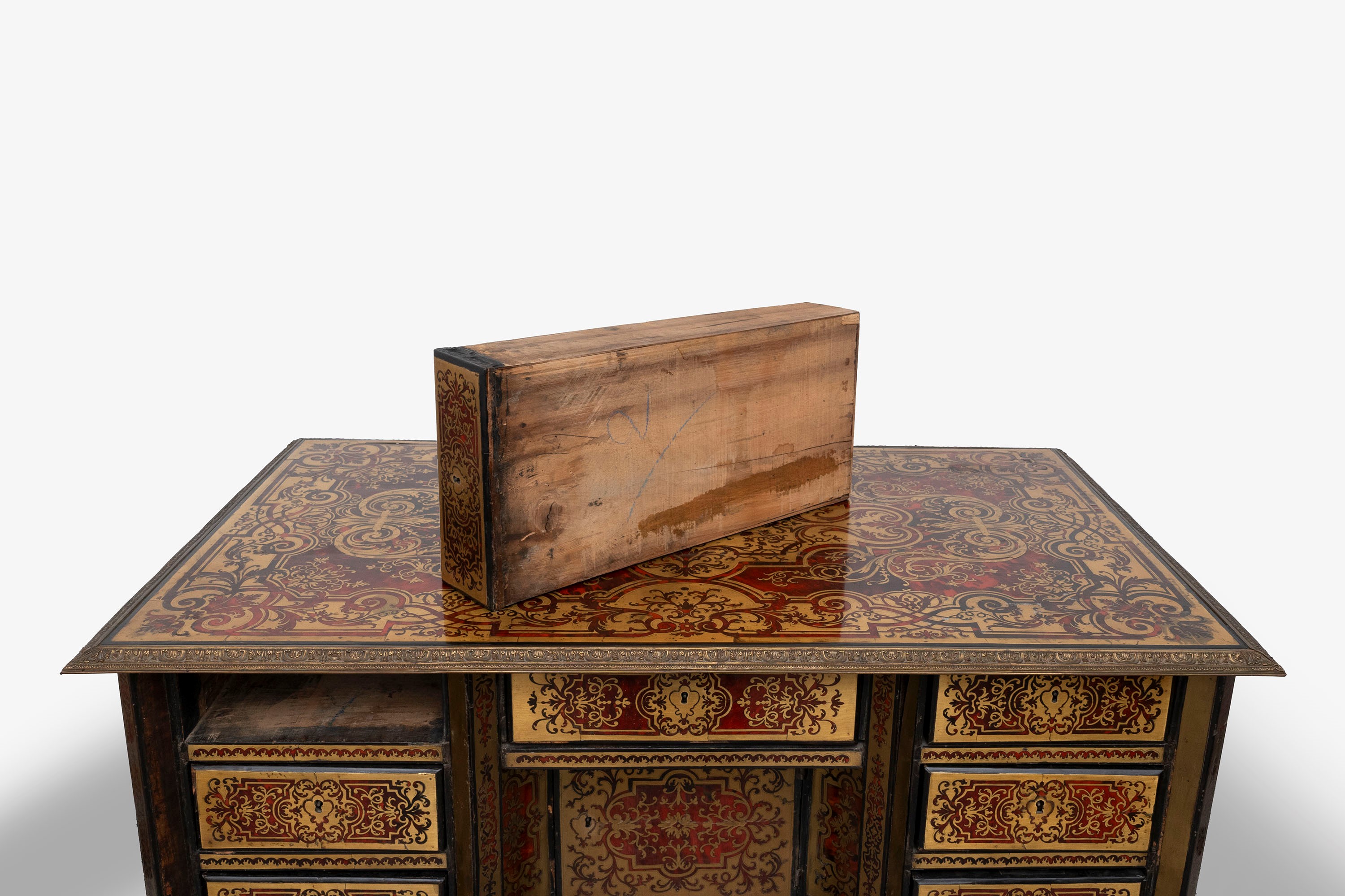 ☼ Importante Scrivania Mazzarino Boulle da Muro, Finemente Intarsiata in Ottone e Tartaruga, Fine...
