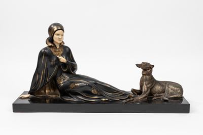 Scultura in Antimonio e Avoriolina Raffigurante Giovane Donna con Levriero, Inizi Secolo XX