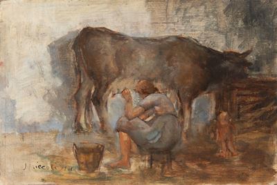 La mungitura, olio su tavola