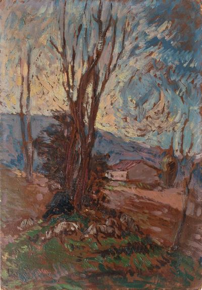 Casale in campagna con alberi, olio su cartone