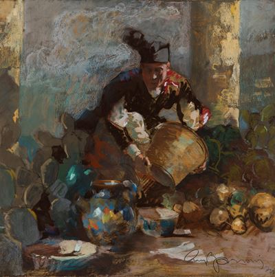 Autore sconosciuto, Il vasaio - pastelli colorati su carta