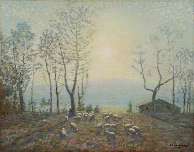 Al tramonto, olio su compensato