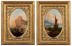 Scuola napoletana, secolo XVIII - Marine couple with fishermen