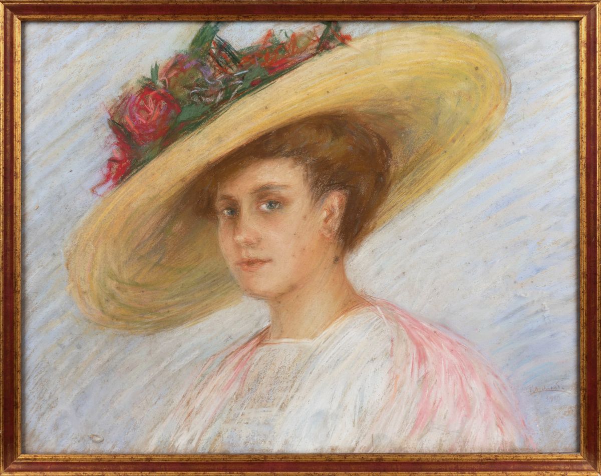 Pietro D'achiardi - Il cappello con le rose, pastello su cartone