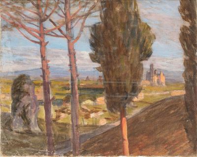 Roma, veduta della Via Appia, olio su tela non intelaiata