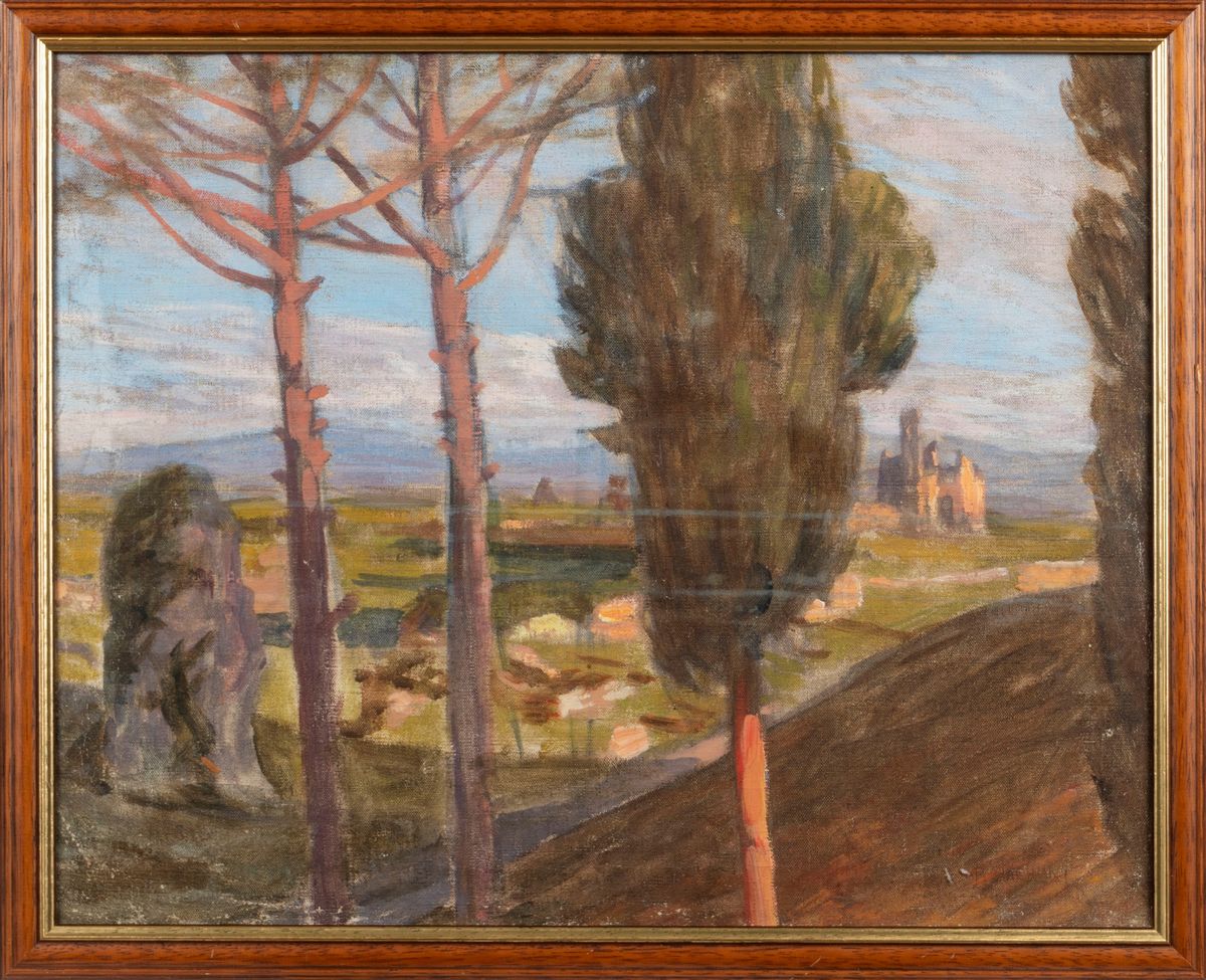 Pietro D'achiardi - Roma, veduta della Via Appia, olio su tela non intelaiata
