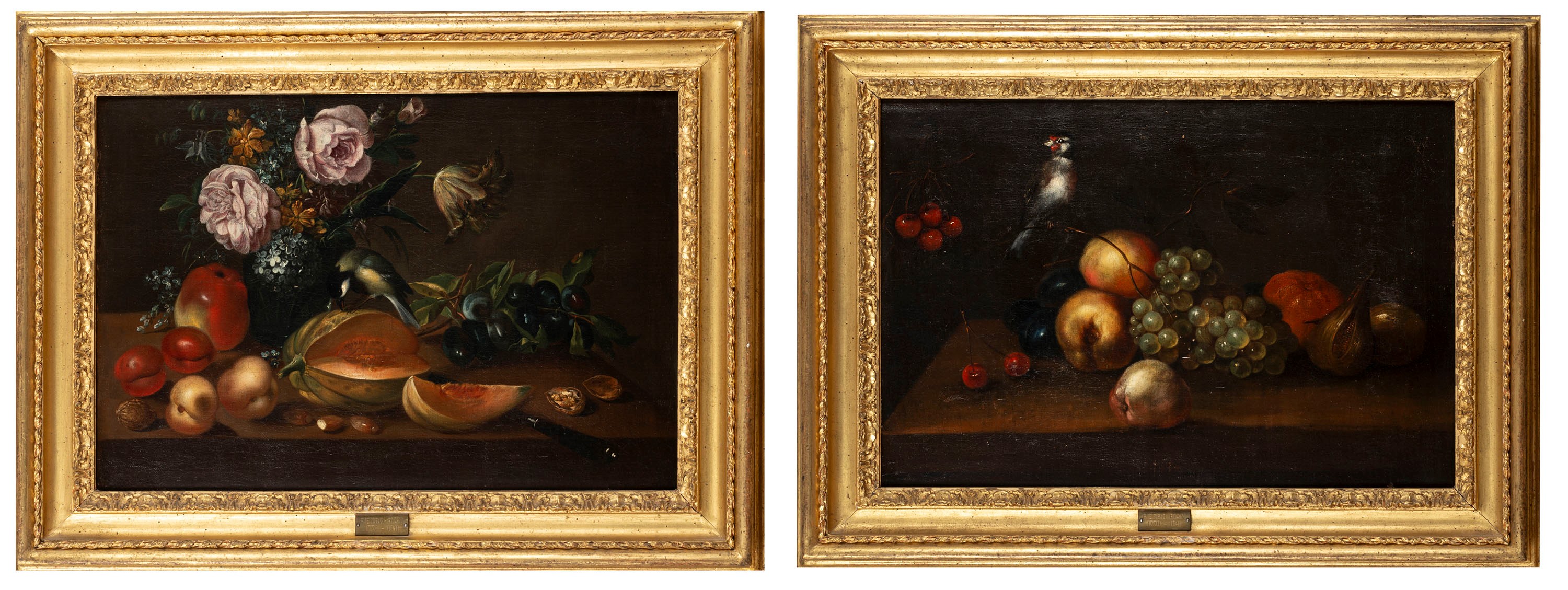 Scuola emiliana, secolo XVIII - Coppia di nature morte di frutta varia ...