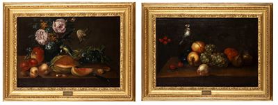 Coppia di Nature Morte di Frutta Varia Distesa su Piani di Marmo