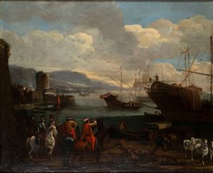 Scuola dell'Italia centrale, secolo XVII - Marina with knights on the shore
