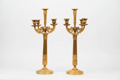 Coppia di Candelabri a Colonna in Bronzo Dorato a Cinque Luci, Inizi Secolo XIX
