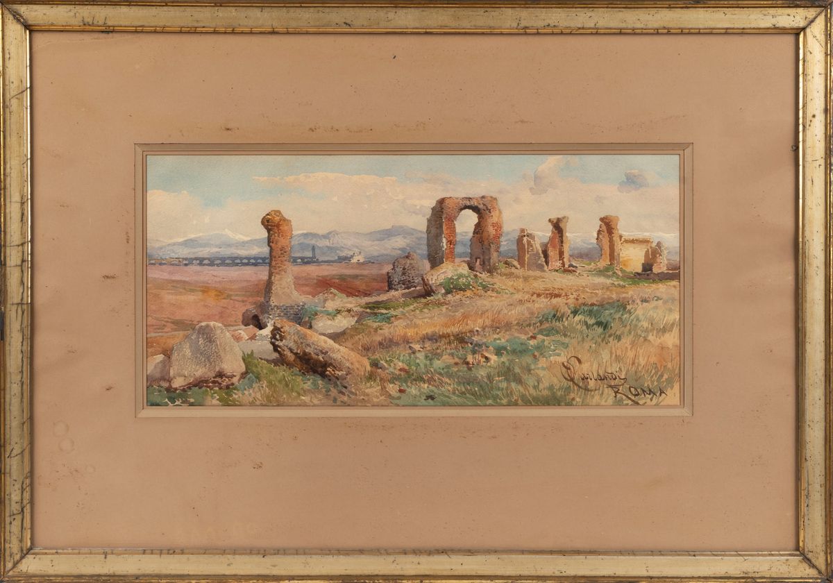 Onorato Carlandi - Ruderi nella Campagna romana - acquarello su cartoncino