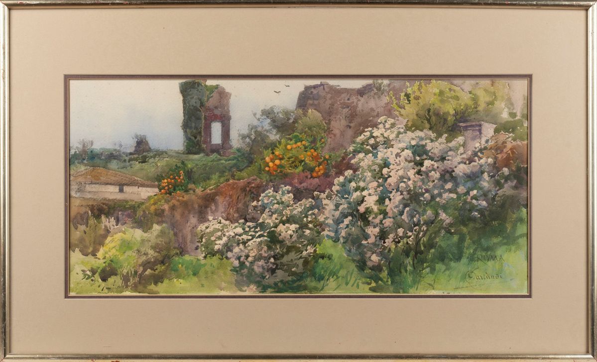 Onorato Carlandi - Ruderi romani con aranci e oleandri in fiore, acquarello su cartoncino