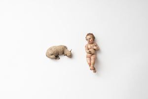  - Two ancient Neapolitan nativity scene sculptures depicting a baby and a sheep
