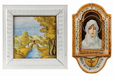 Formella con paesaggio e acquasantiera con Madonna, maiolica