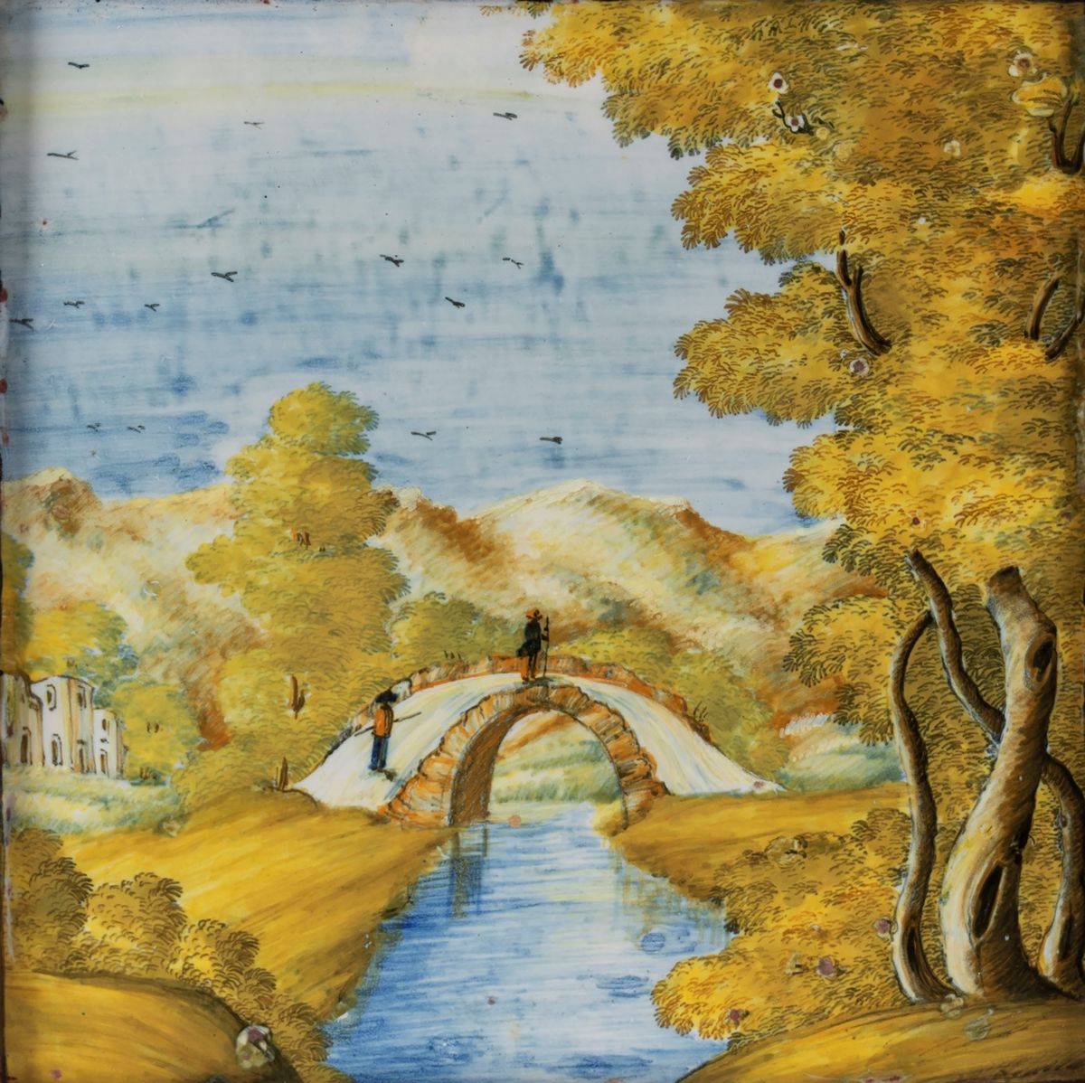 Luigi Bozzelli - Formella con paesaggio e acquasantiera con Madonna, maiolica