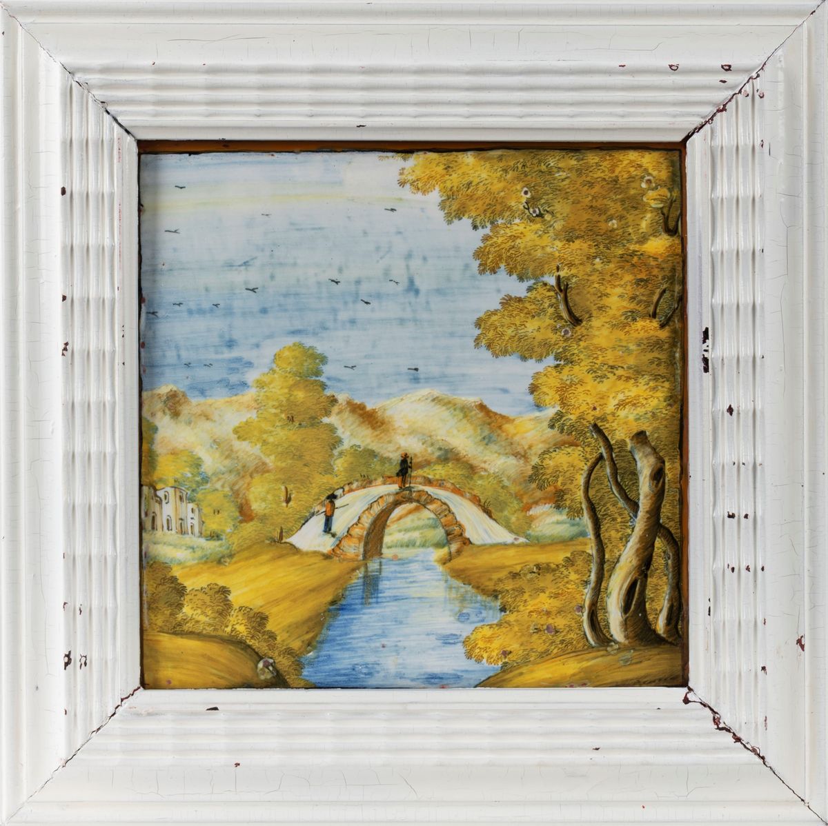 Luigi Bozzelli - Formella con paesaggio e acquasantiera con Madonna, maiolica