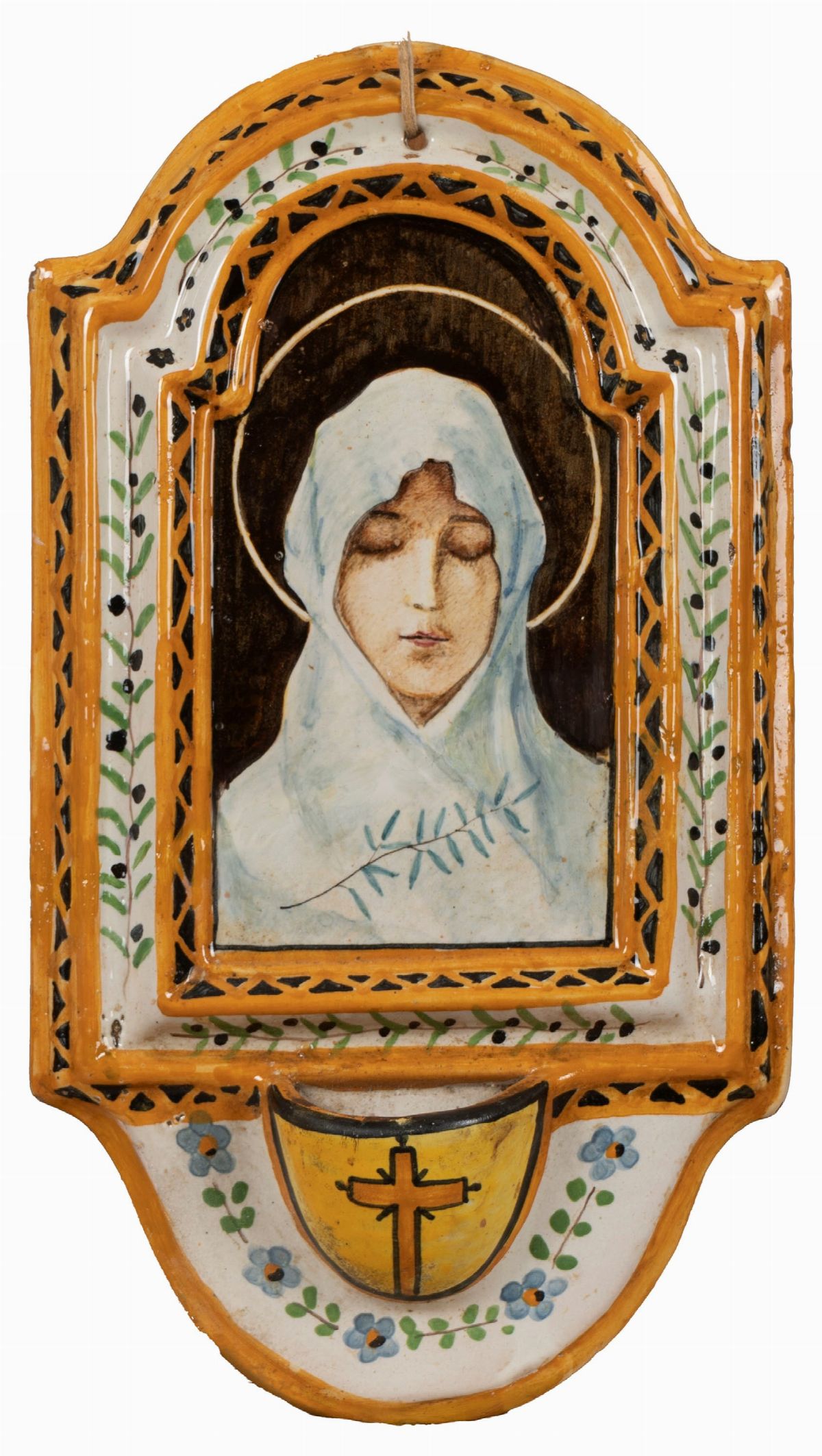 Luigi Bozzelli - Formella con paesaggio e acquasantiera con Madonna, maiolica