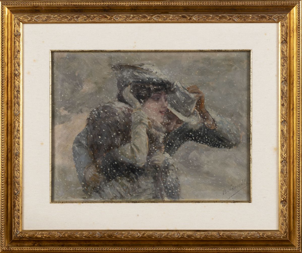 Basilio Cascella - Tempesta di neve, olio su cartone