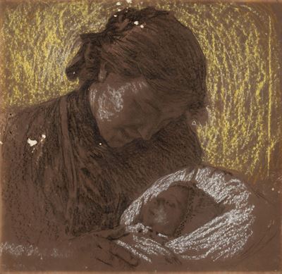 La gioia di una madre, pastello su carta bruna