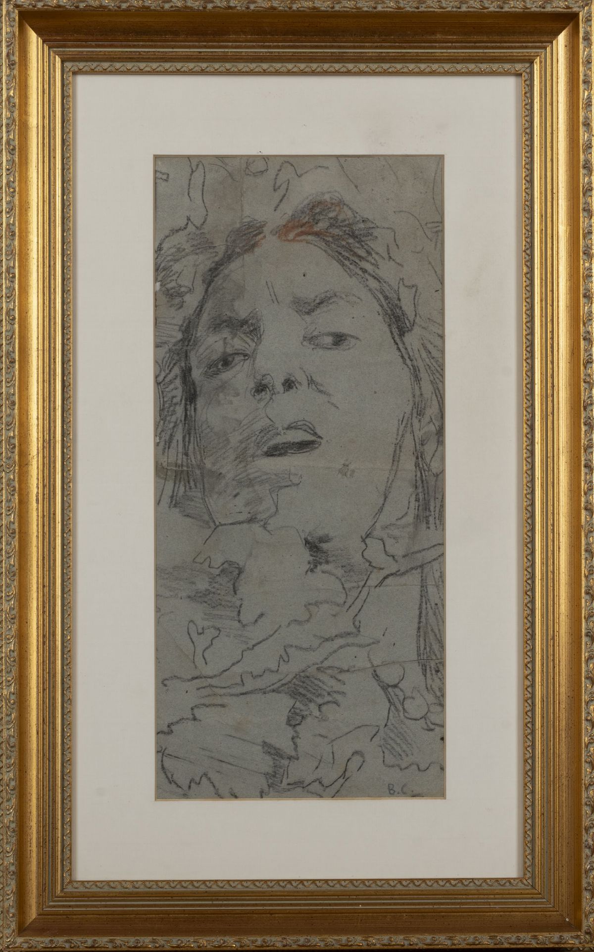 Basilio Cascella - Volto di donna, carboncino e sanguigna su carta azzurrina