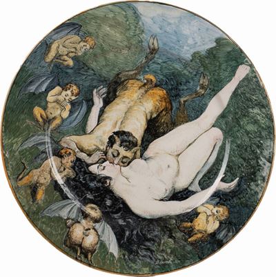 Piatto con ninfa e satiro, maiolica, diametro cm 47,3, 1921