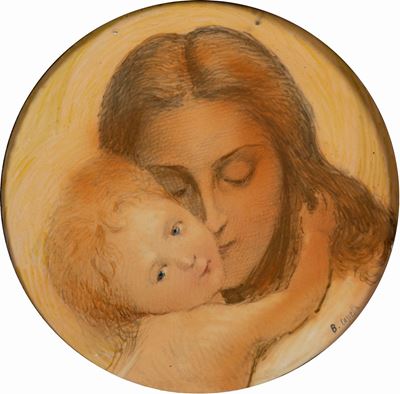 Tondo con Amore materno, maiolica, cm 30 di diametro