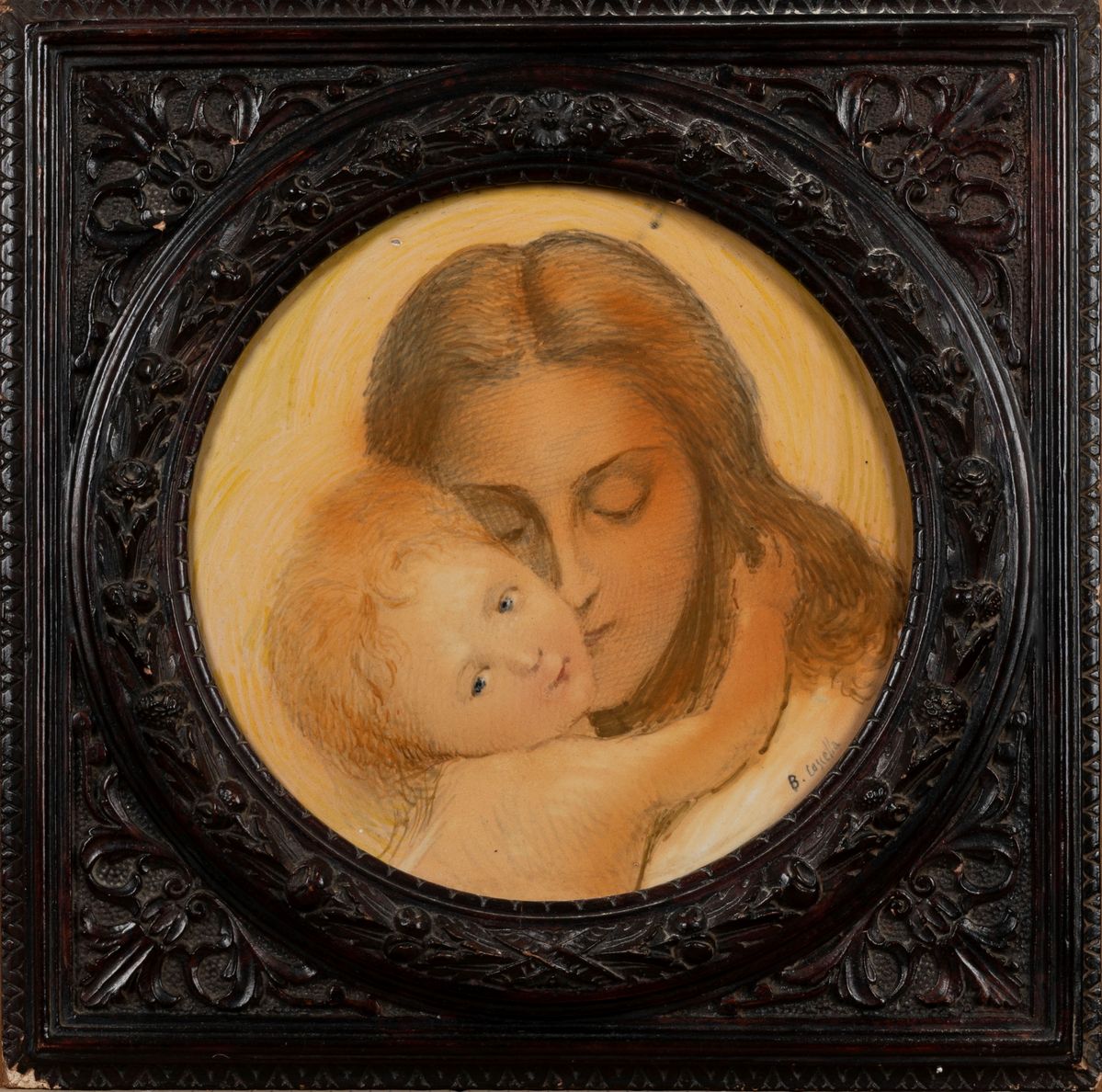 Basilio Cascella - Tondo con Amore materno, maiolica, cm 30 di diametro
