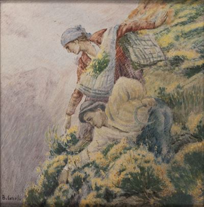 Raccoglitori di erbe medicinali, mattonella in maiolica