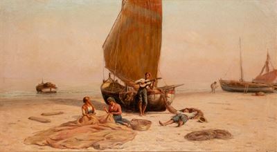 La riparazione delle reti da pesca, olio su tela