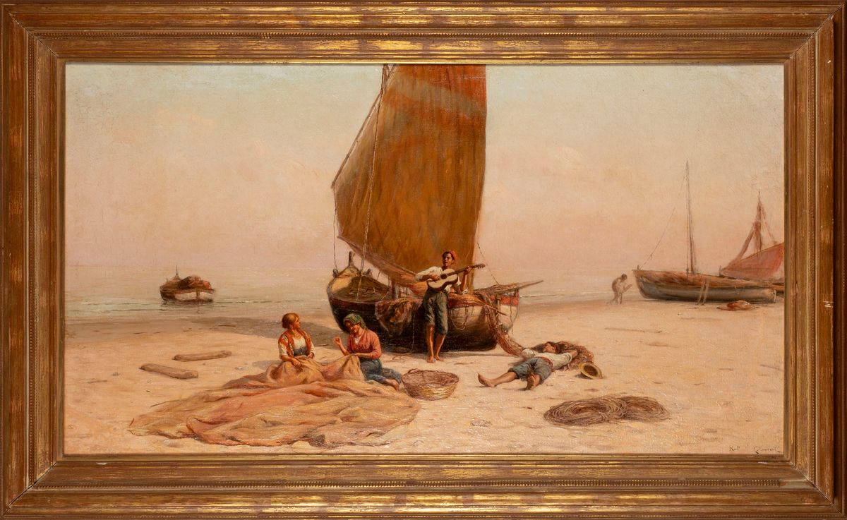 Raffaello Celommi - La riparazione delle reti da pesca, olio su tela