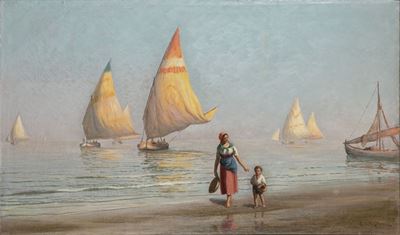 Sulla spiaggia, olio su tela