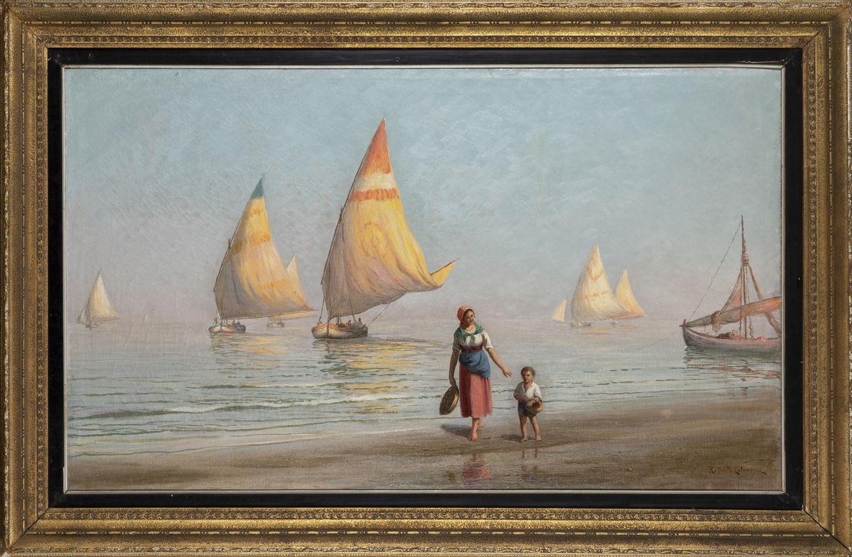 Raffaello Celommi - Sulla spiaggia, olio su tela