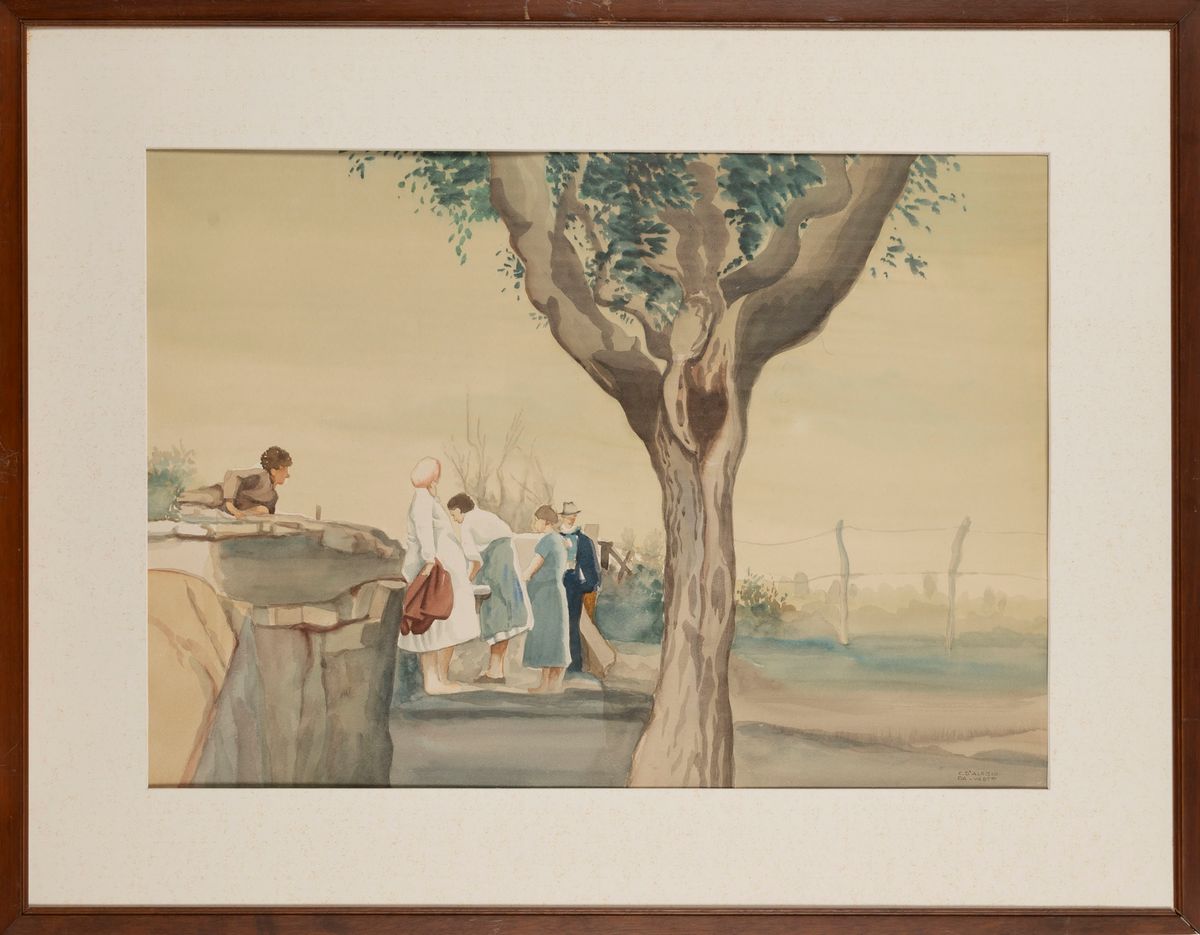 Carlo D'aloisio da Vasto - Donne alla fontana, acquarello su cartoncino