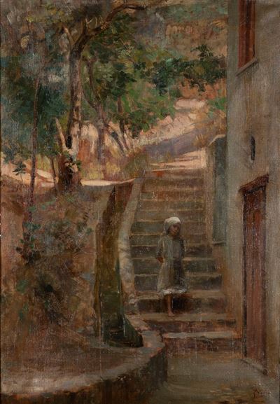 Bimba sulla scala dell'antico borgo, olio su tela