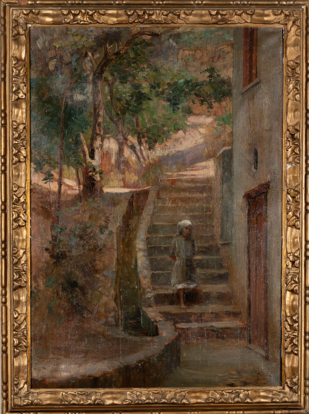 Francesco De Nicola - Bimba sulla scala dell'antico borgo, olio su tela