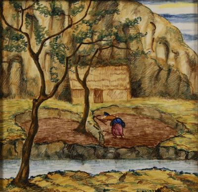 Formella con contadina che miete in un campo, maiolica, cm 20 x 20