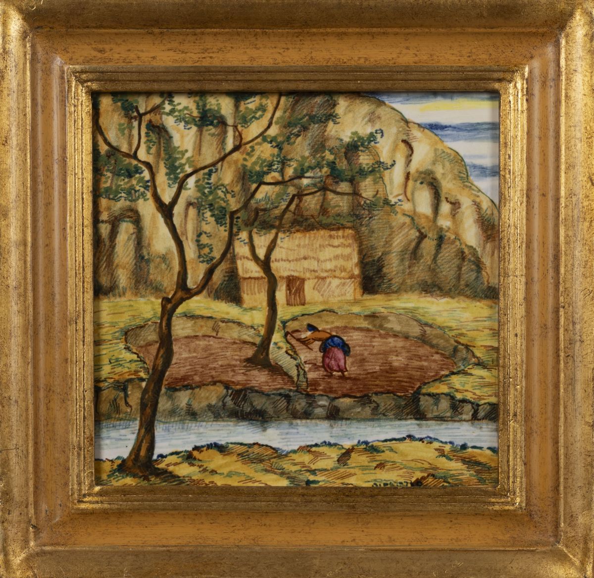 Giuseppe di Prinzio - Formella con contadina che miete in un campo, maiolica, cm 20 x 20
