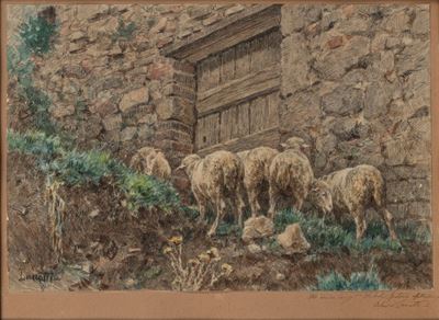 Pecore al pascolo presso l'antica porta, carboncino e acquarello su cartoncino