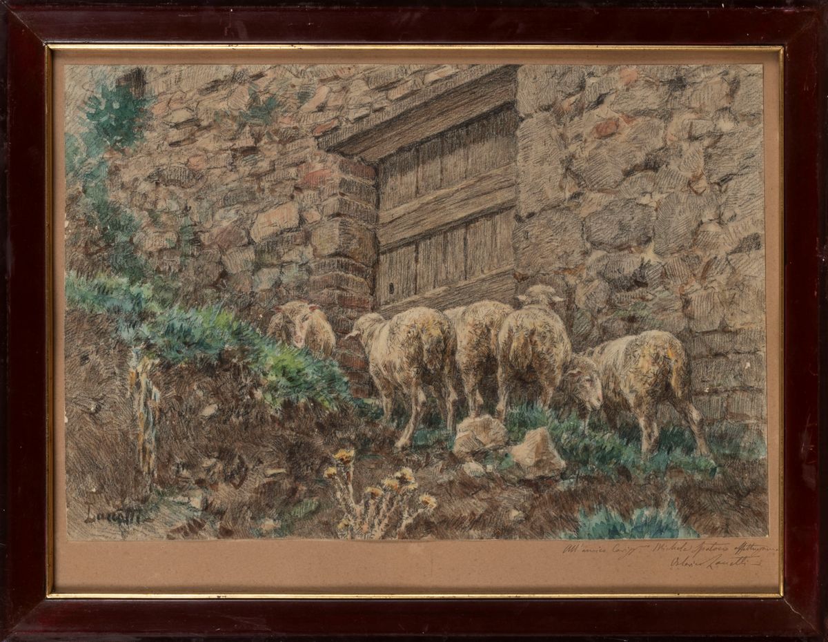 Valerio Laccetti - Pecore al pascolo presso l'antica porta, carboncino e acquarello su cartoncino