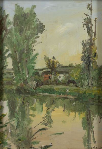 Riflessi in un laghetto, olio su tavola