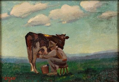 La mungitura, olio su cartone